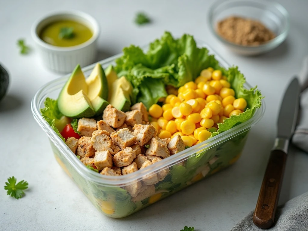Make-ahead chicken avocado corn salad with dressing stored separately