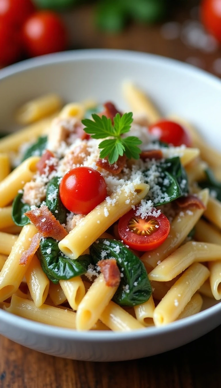 Creamy Chicken Bacon Pasta with Spinach and Tomato