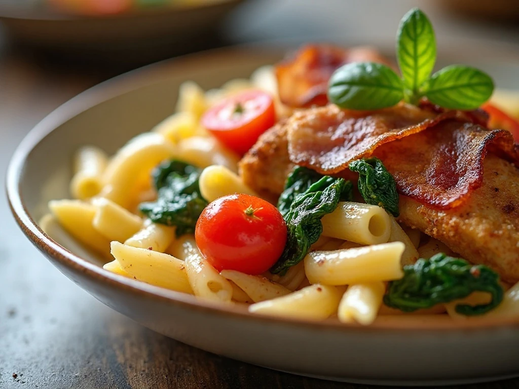 Creamy chicken bacon pasta with spinach, tomatoes, and bacon in a serving bowl
