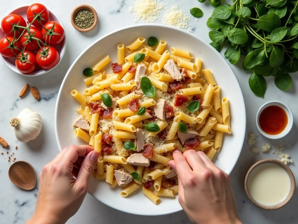 Ingredients for creamy chicken bacon pasta with spinach and tomato