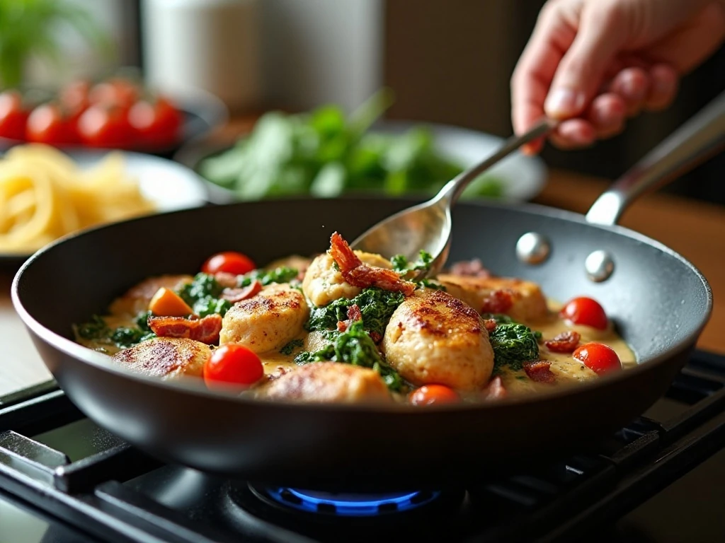 Cooking chicken bacon pasta in a creamy Parmesan skillet sauce