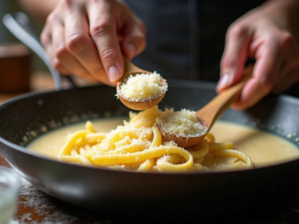 Adding Parmesan to a gently simmering cream sauce for pasta