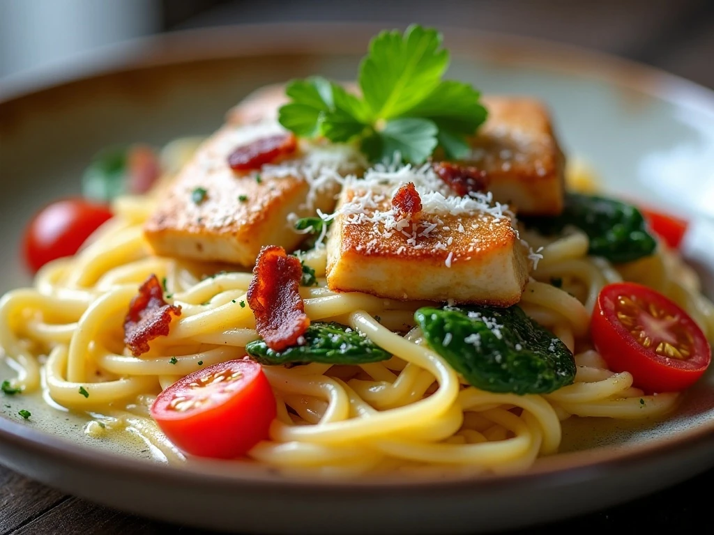 Garnishing creamy chicken bacon pasta with parsley and Parmesan