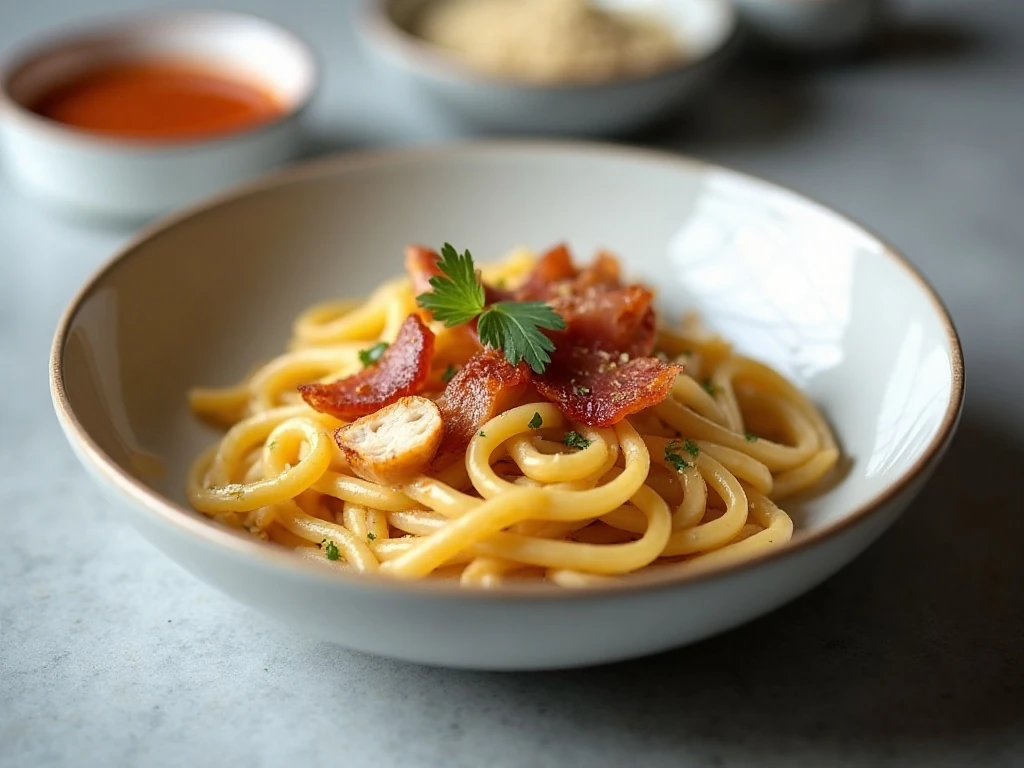 Stored and reheated creamy chicken bacon pasta leftovers