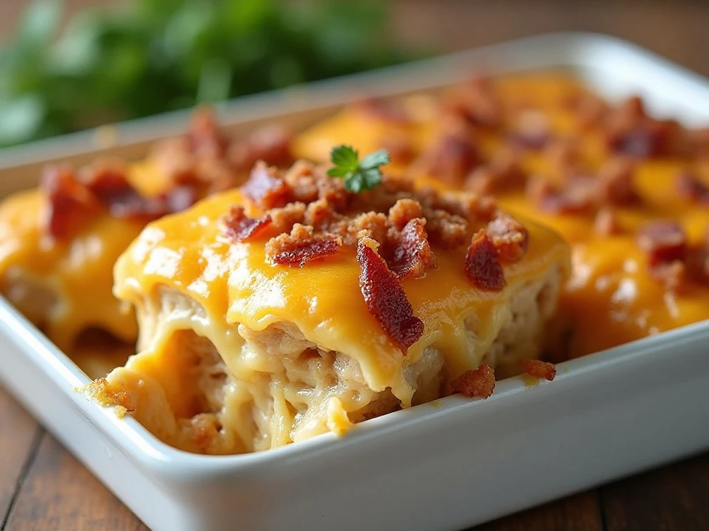 Cheesy chicken bacon ranch bake served in a casserole dish