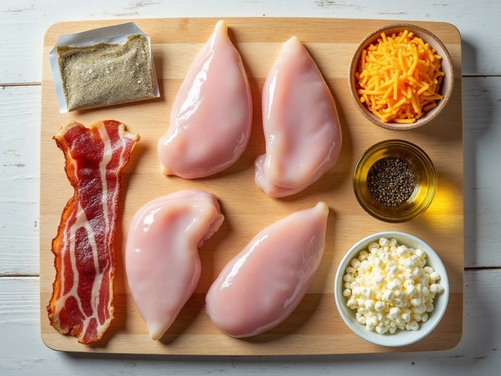 Ingredients for easy chicken bacon ranch bake