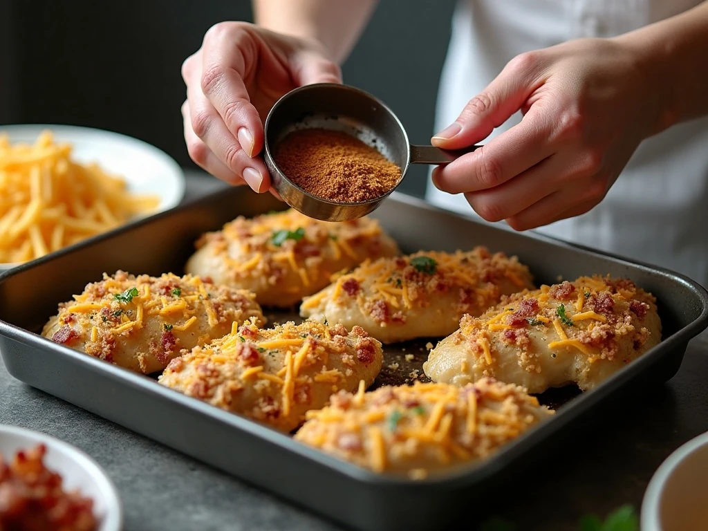 Assembling chicken breasts with ranch seasoning, bacon, and cheese