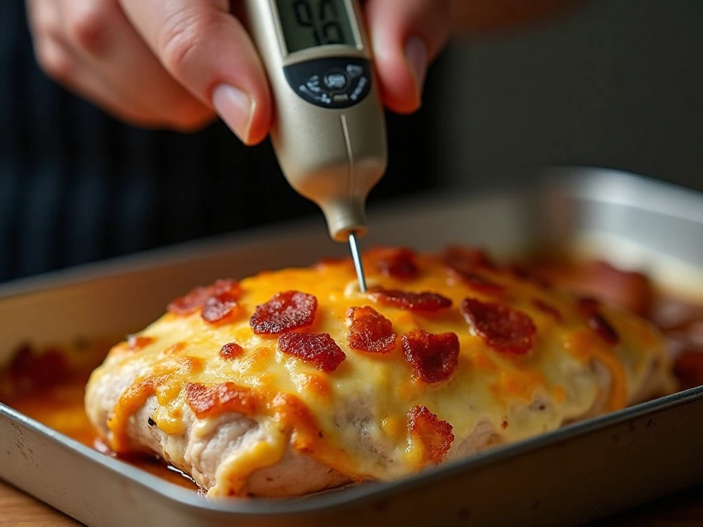 Checking chicken bacon ranch bake with an instant-read thermometer
