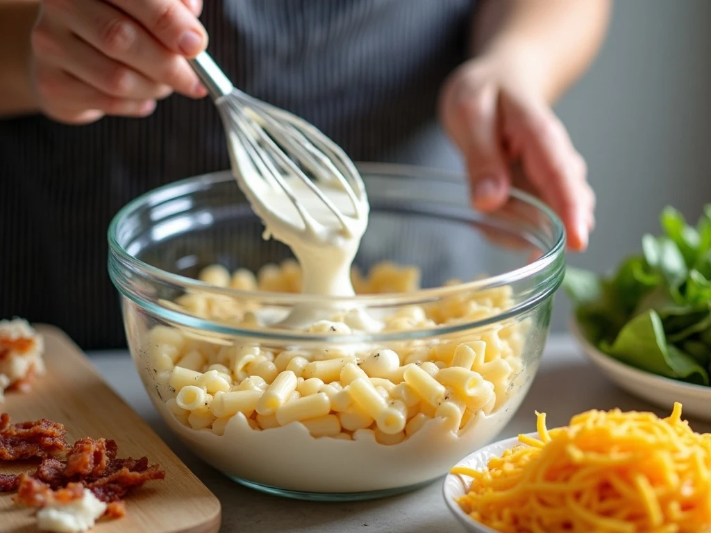 Mixing the creamy ranch sauce for chicken pasta casserole