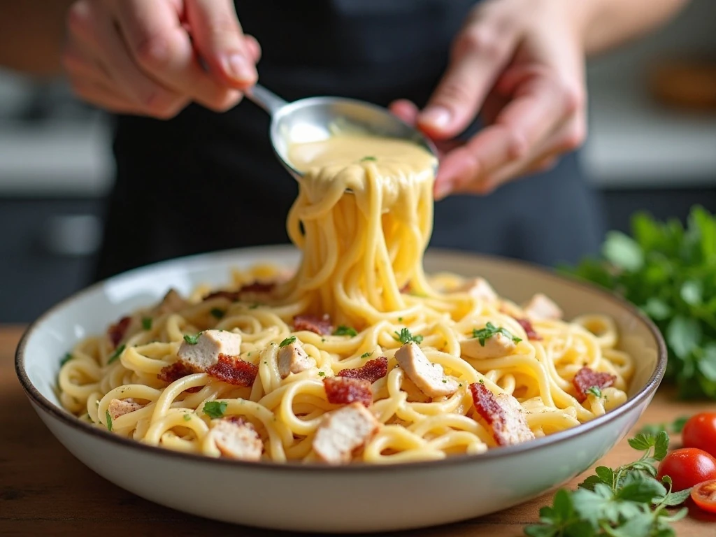 Folding pasta into creamy chicken bacon ranch sauce