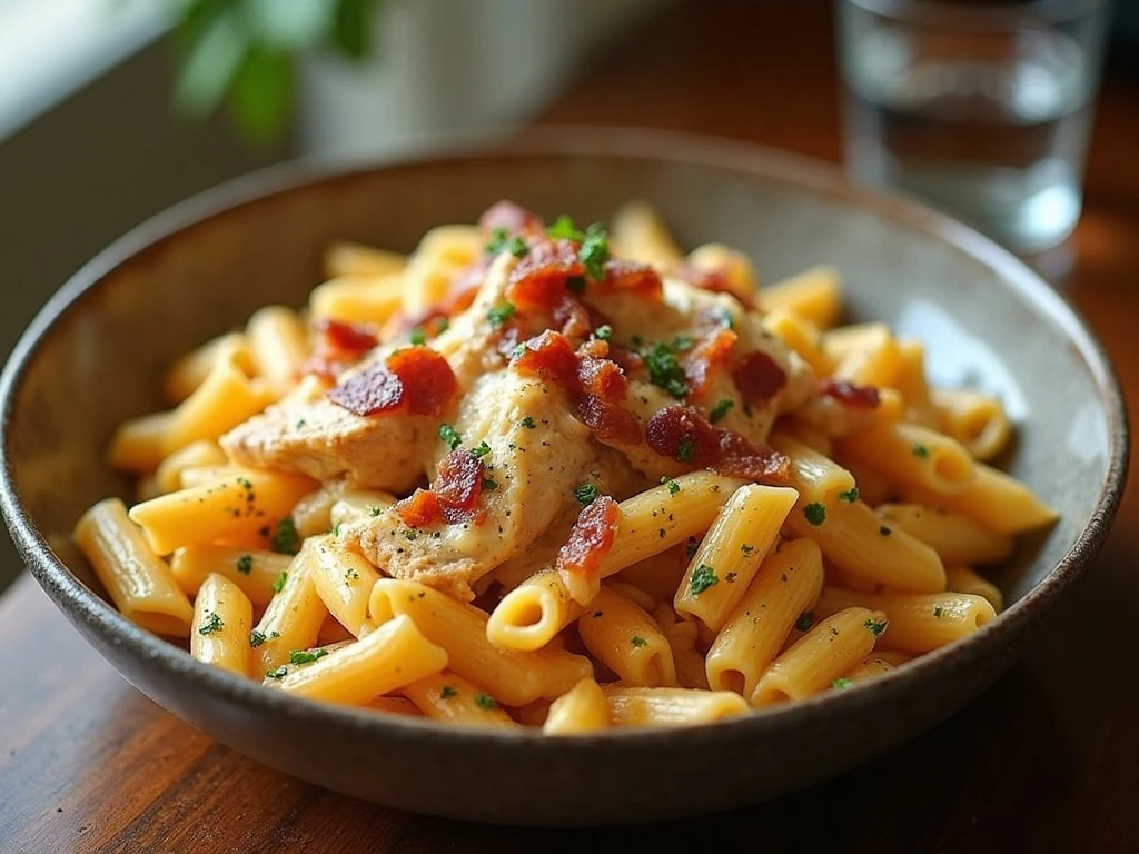 Creamy one-pot chicken bacon ranch pasta served for dinner