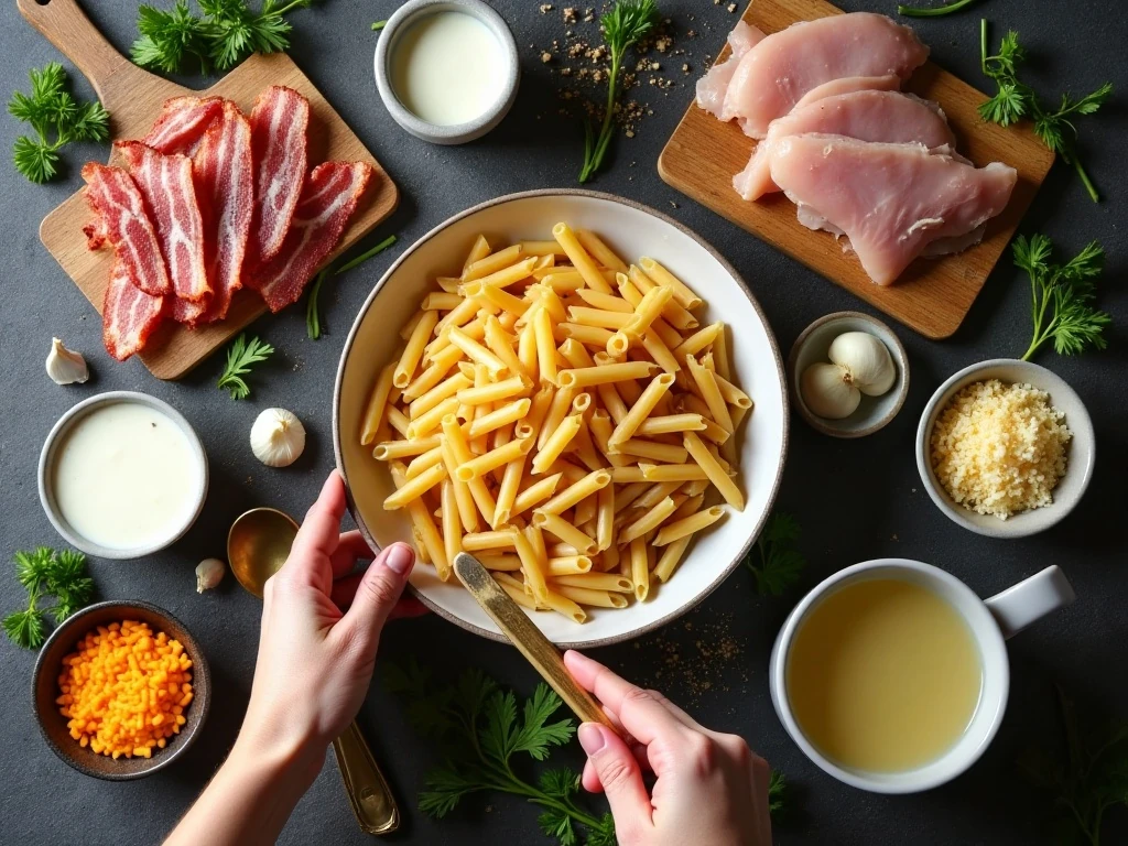Ingredients for one-pot chicken bacon ranch pasta