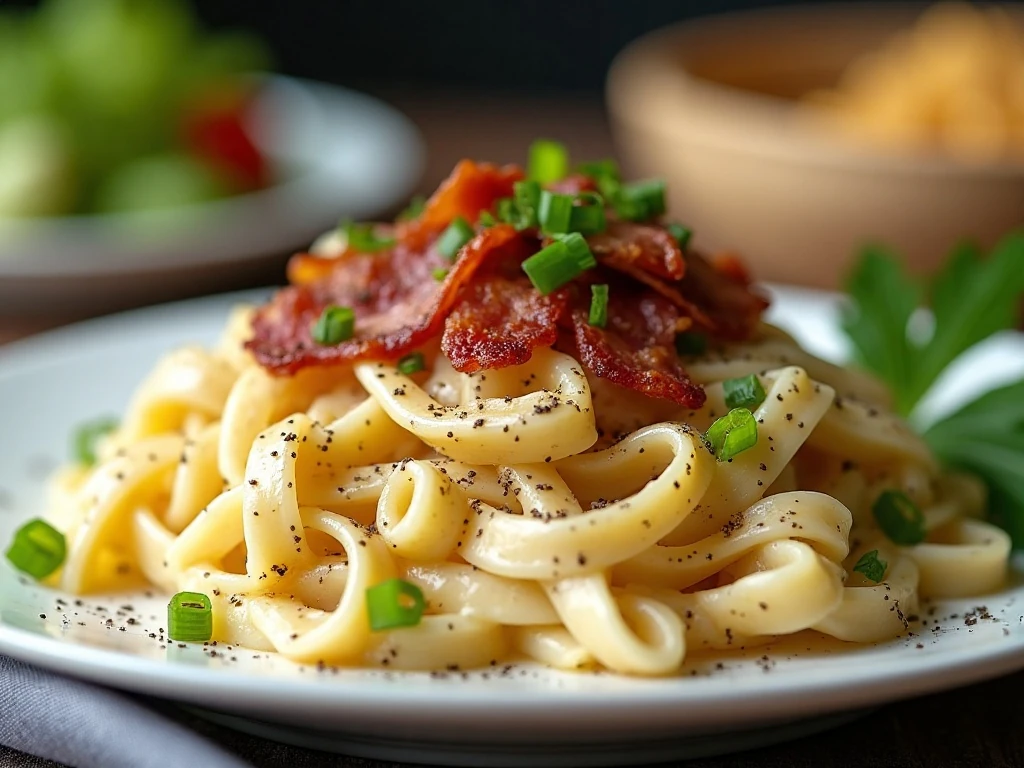 Garnished chicken bacon ranch pasta with bacon and green onions