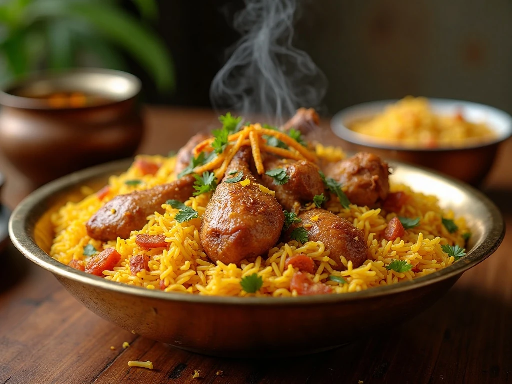 Authentic Indian chicken biryani with saffron rice and fried onions