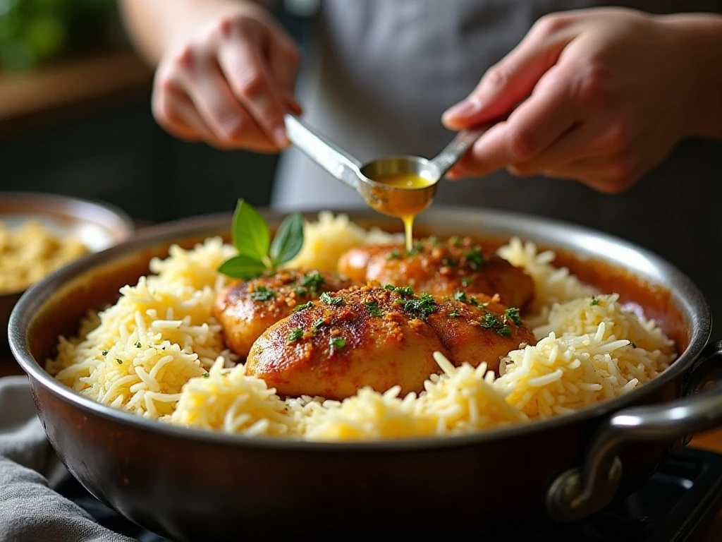Layering parboiled rice over chicken for dum biryani