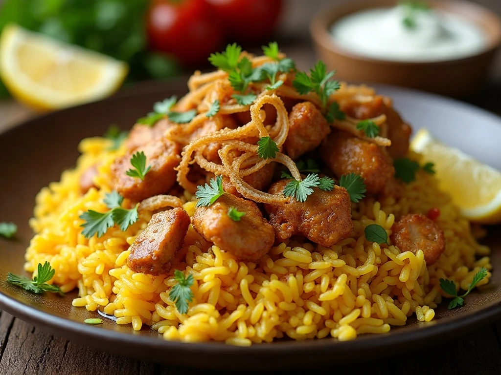 Chicken biryani garnished with mint, cilantro, saffron, and fried onions
