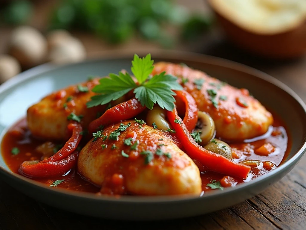 Bowl of rustic chicken cacciatore with tomatoes, peppers, onions, and mushrooms