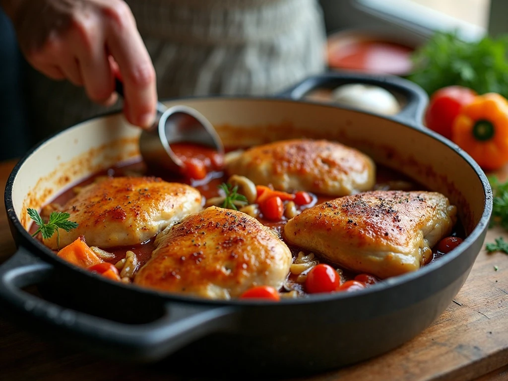 Chicken thighs browning with vegetables for chicken cacciatore