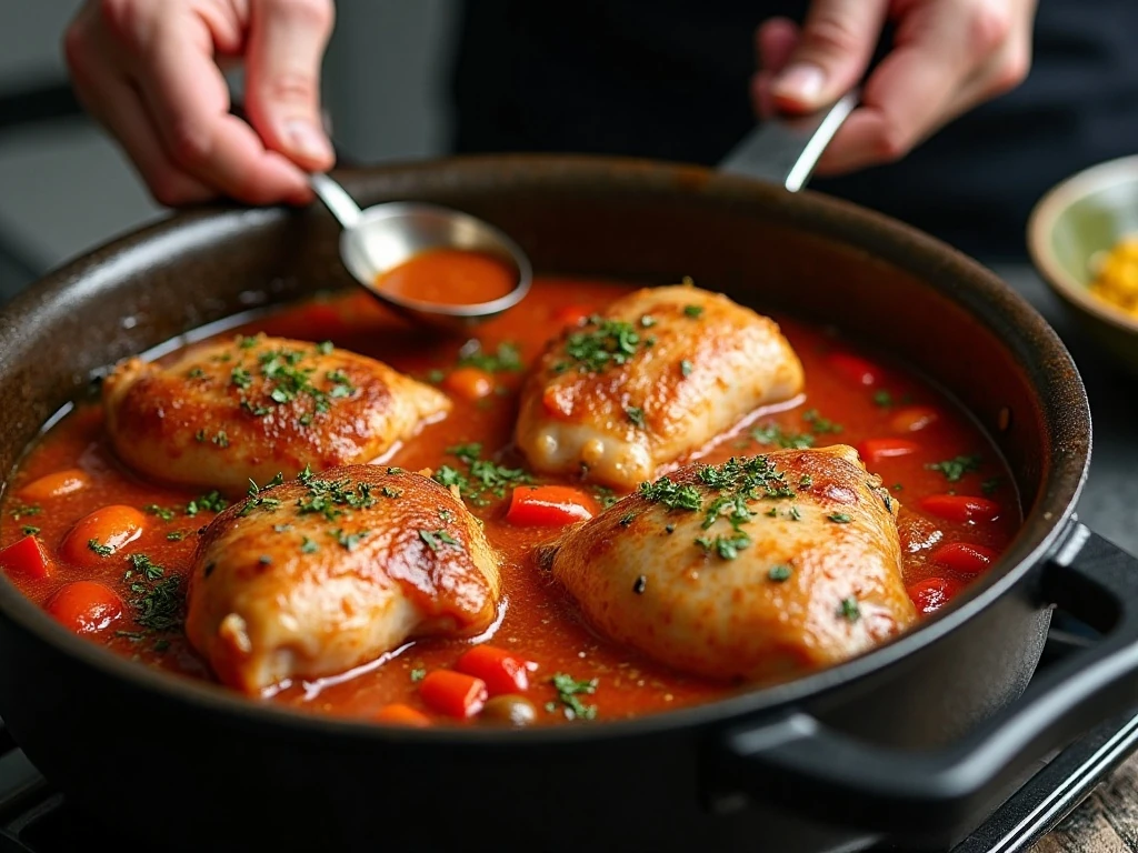 Chicken cacciatore gently simmering in tomato sauce