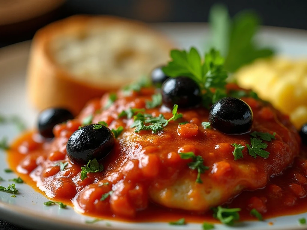Chicken cacciatore garnished with parsley and olives served with bread