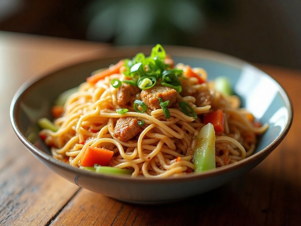 A bowl of glossy homemade chicken chow mein with vegetables and green onions