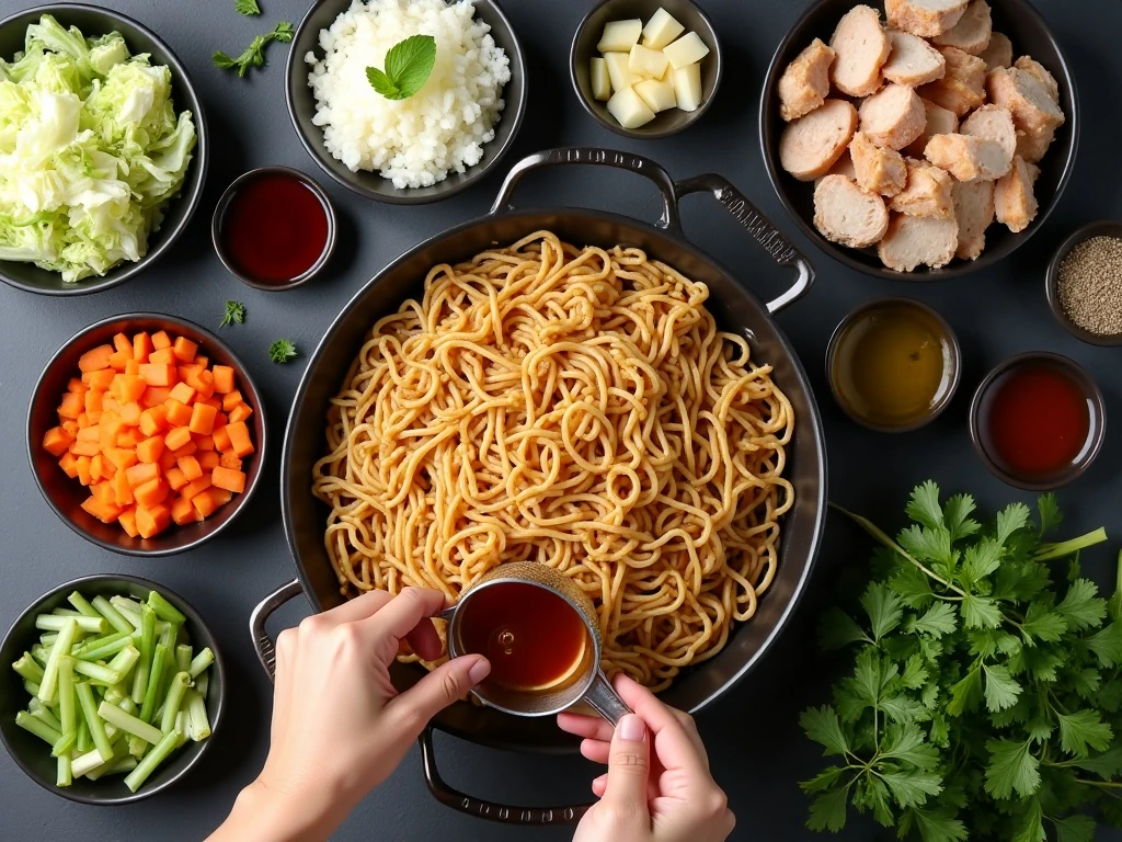 Ingredients arranged for chicken chow mein