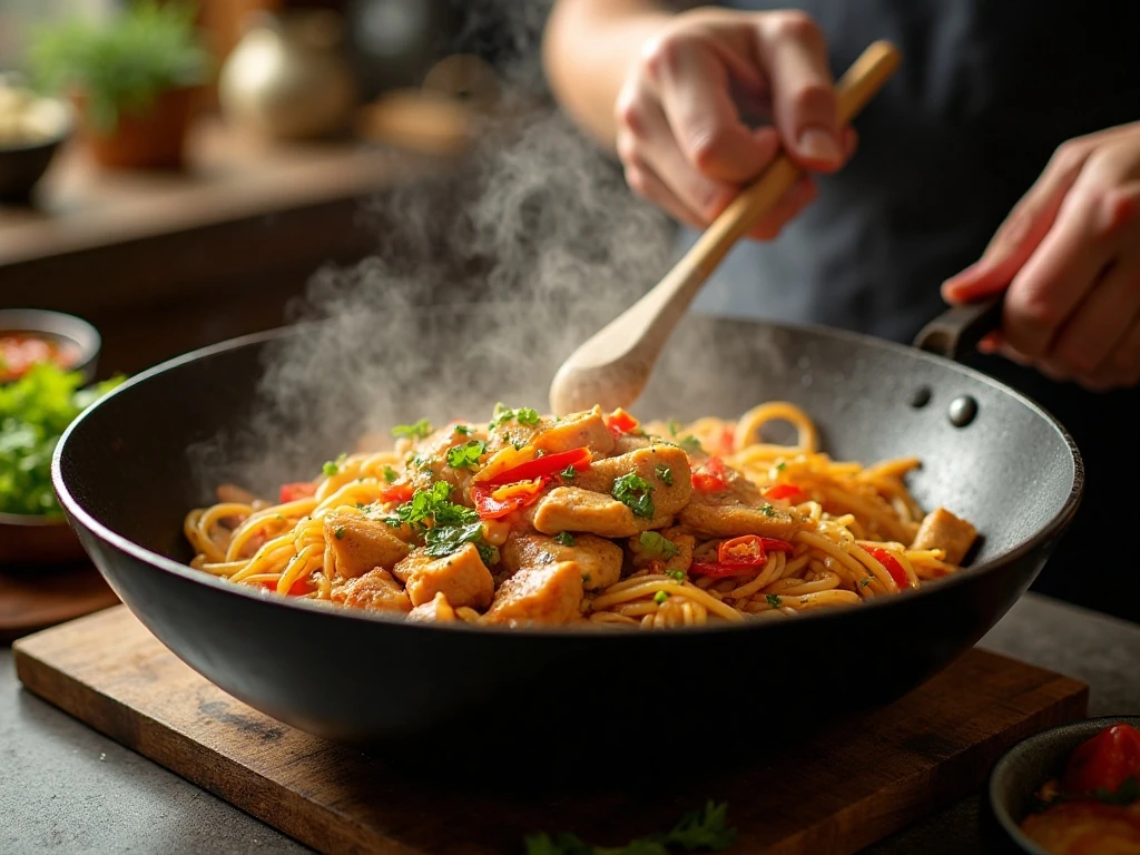 Chicken and vegetables being stir-fried for chow mein