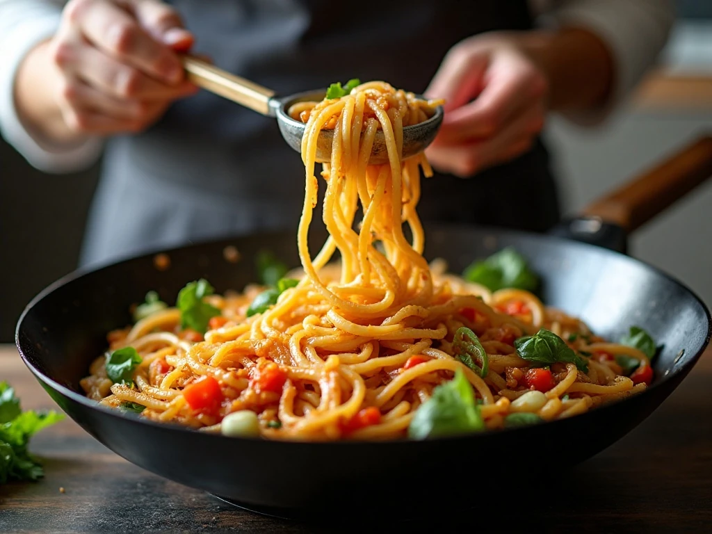 Springy noodles tossed with vegetables and sauce in a wok
