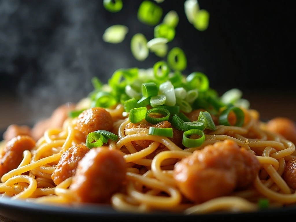 Green onions garnishing a hot serving of chicken chow mein