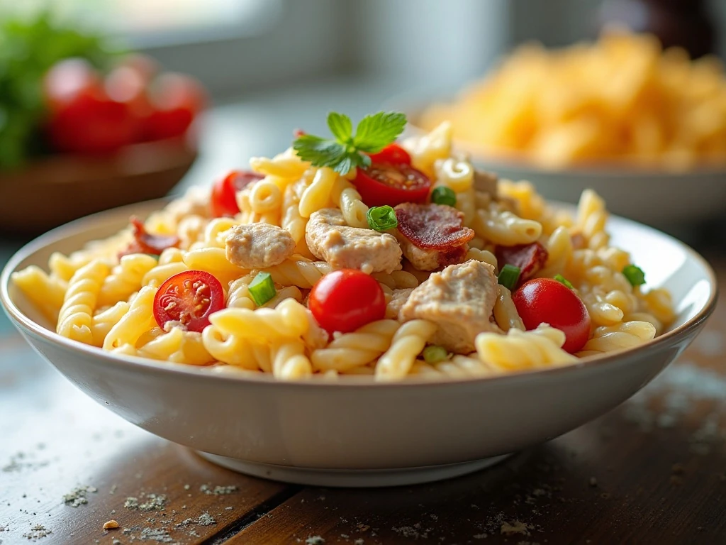 Chicken club pasta salad served in a large bowl