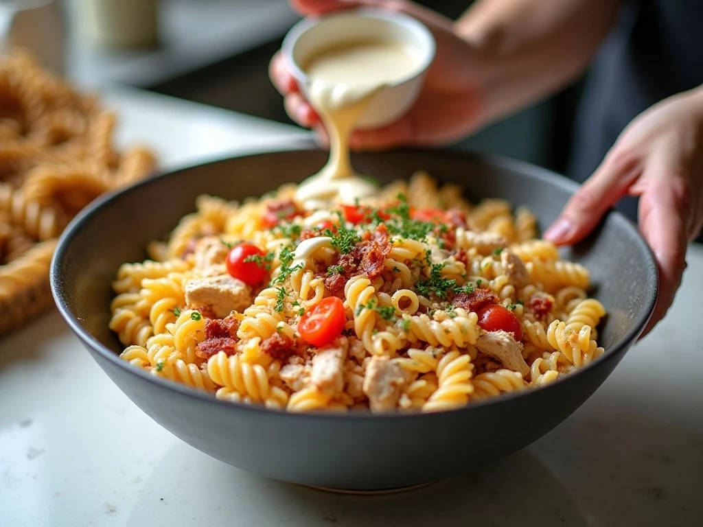 Mixing chicken club pasta salad with ranch dressing
