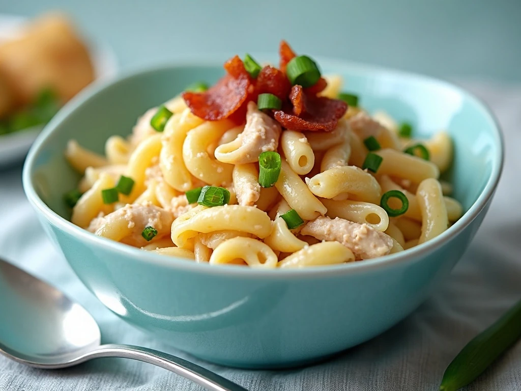Make-ahead chicken club pasta salad ready to serve