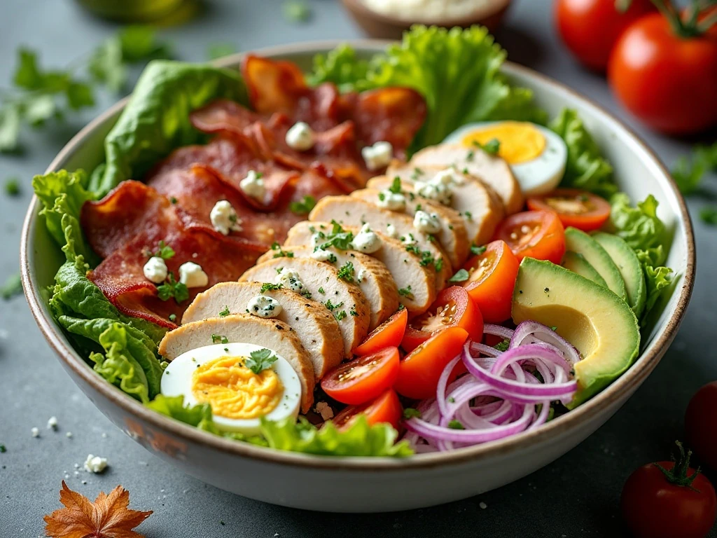 Colorful chicken Cobb salad arranged with fresh toppings