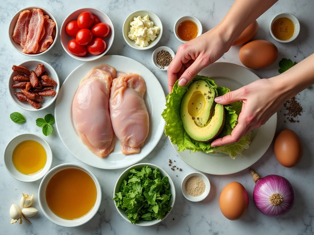 Ingredients for easy chicken Cobb salad and homemade vinaigrette