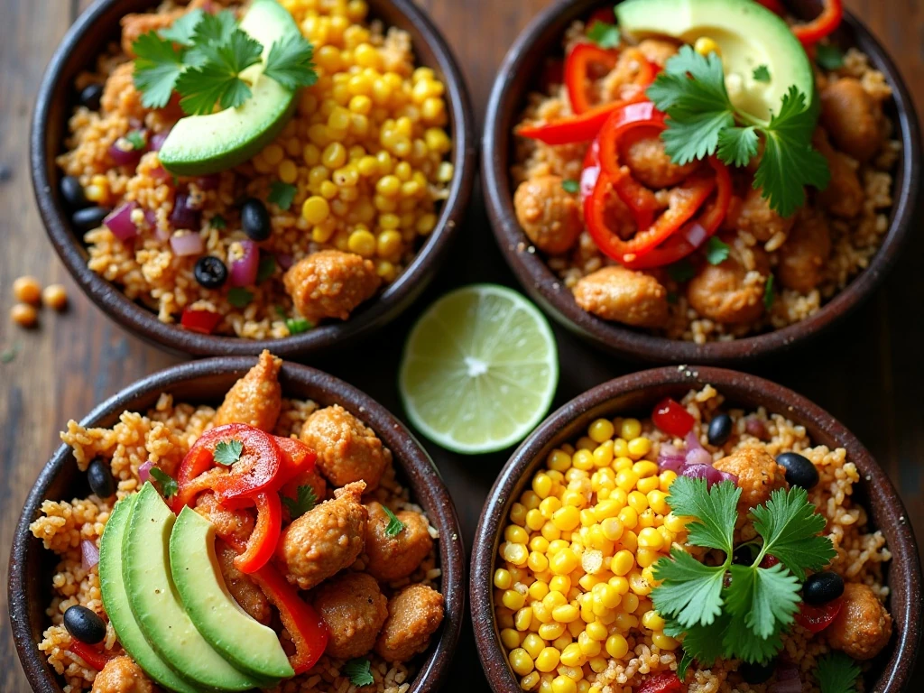 Colorful chicken fajita bowls with rice, vegetables, black beans, corn, avocado, and lime