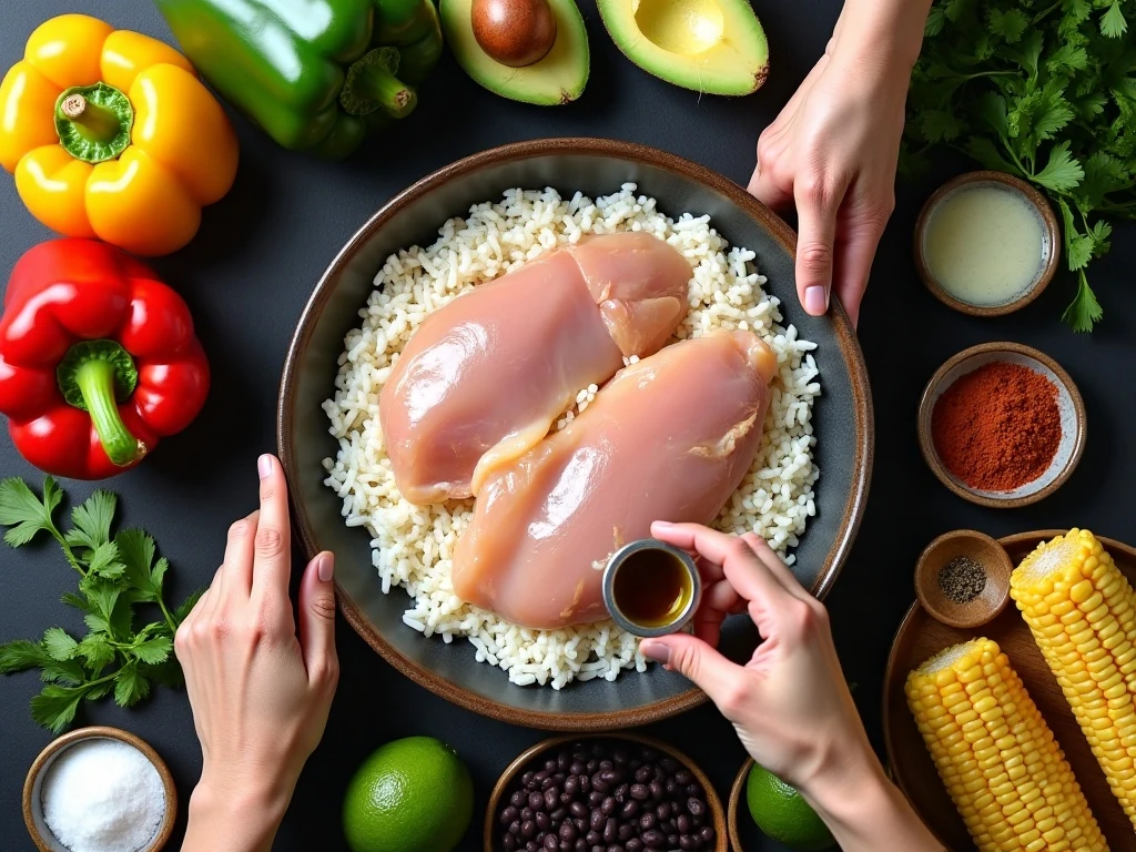 Ingredients for easy chicken fajita bowls arranged on a kitchen surface
