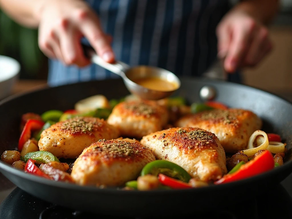 Chicken and fajita vegetables cooking in a hot skillet