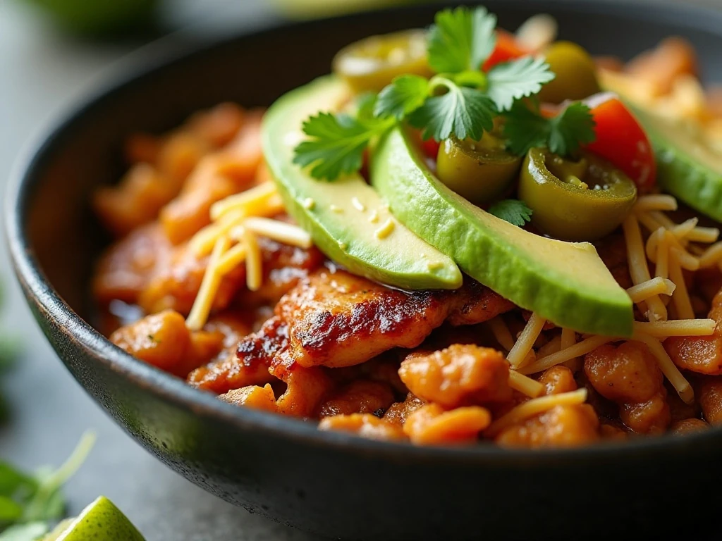 Chicken fajita bowl with avocado, cilantro, pico de gallo, cheese, and jalapeños