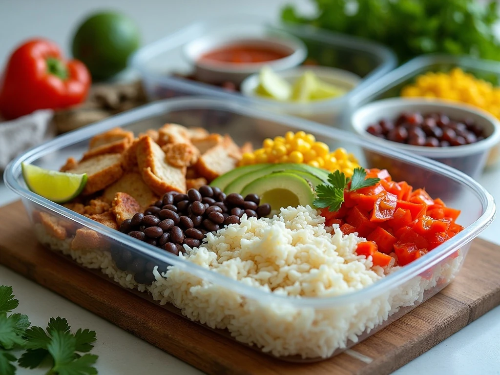 Meal prep containers with chicken fajita bowl ingredients and fresh toppings