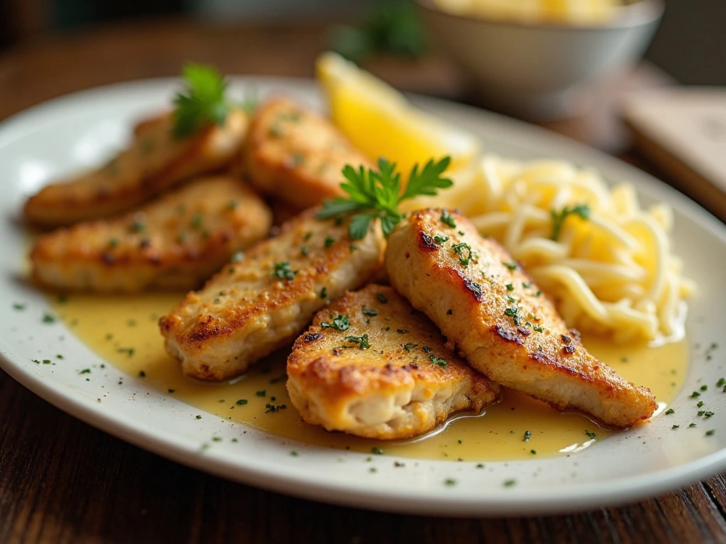 Golden chicken Francese served with lemon-butter sauce and parsley