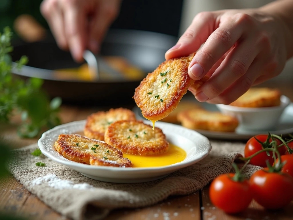 Chicken cutlets being coated in flour and egg for chicken Francese