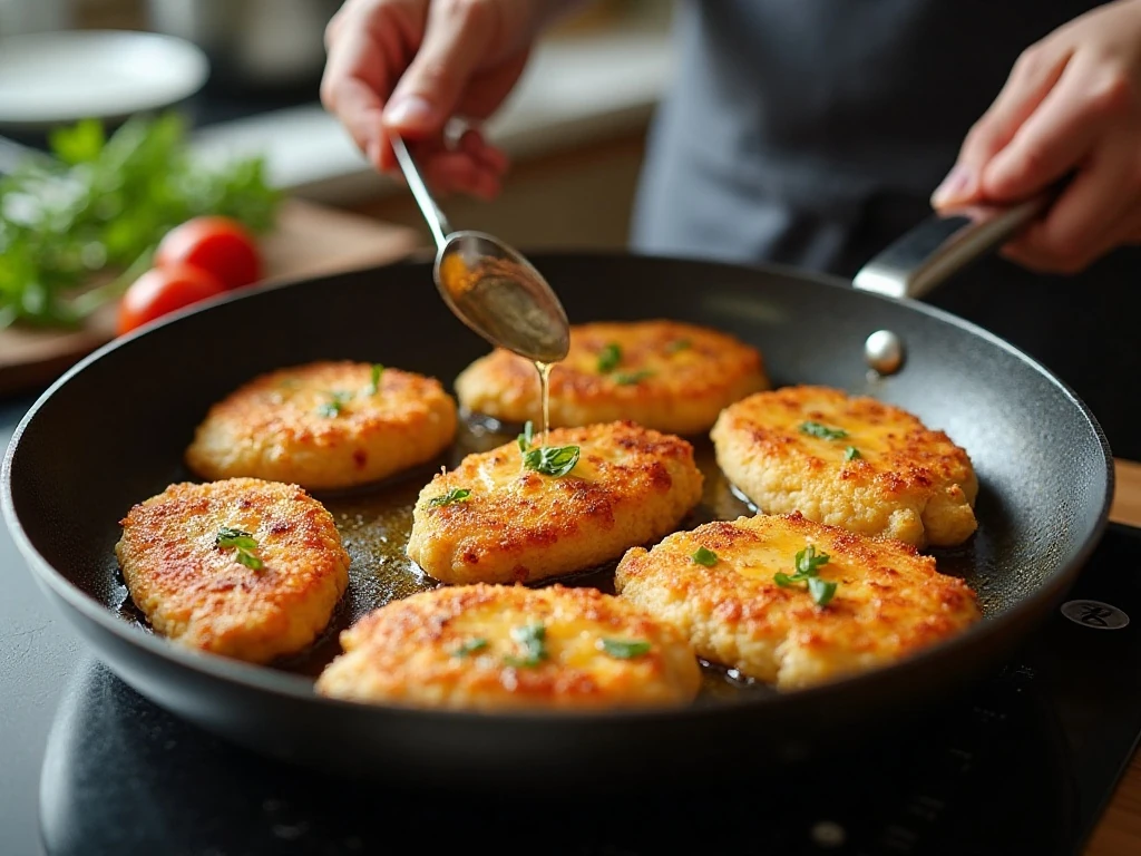 Chicken Francese cutlets browning in a skillet without crowding