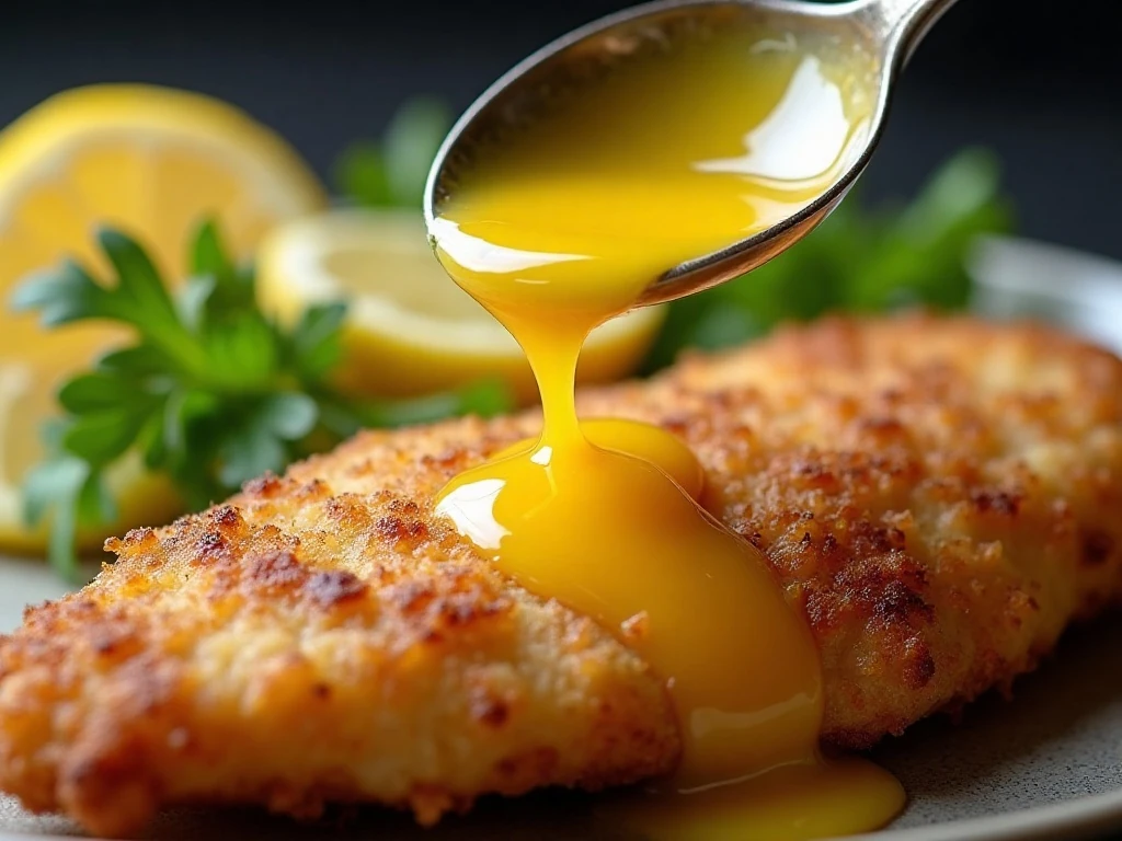 Lemon-butter sauce, parsley, and lemon slices finishing chicken Francese