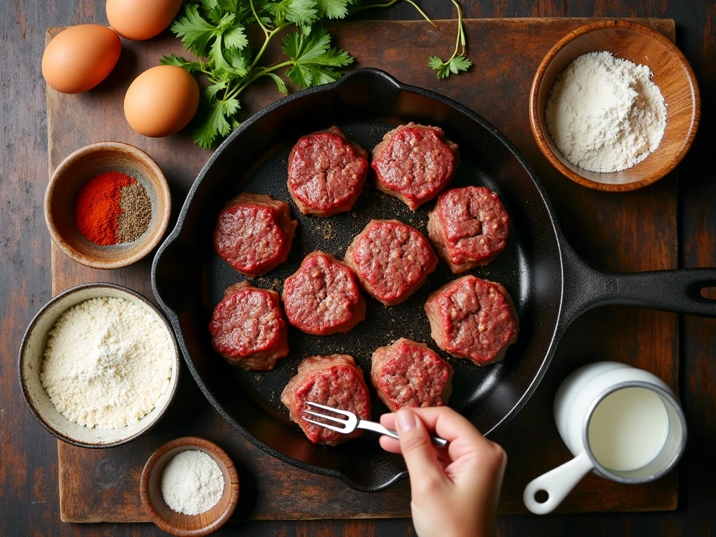 Ingredients for crispy chicken fried steak and peppered cream gravy
