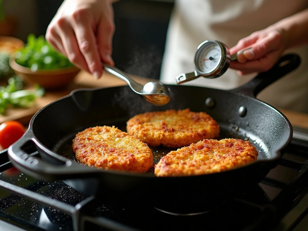 Chicken fried steaks frying at the correct oil temperature