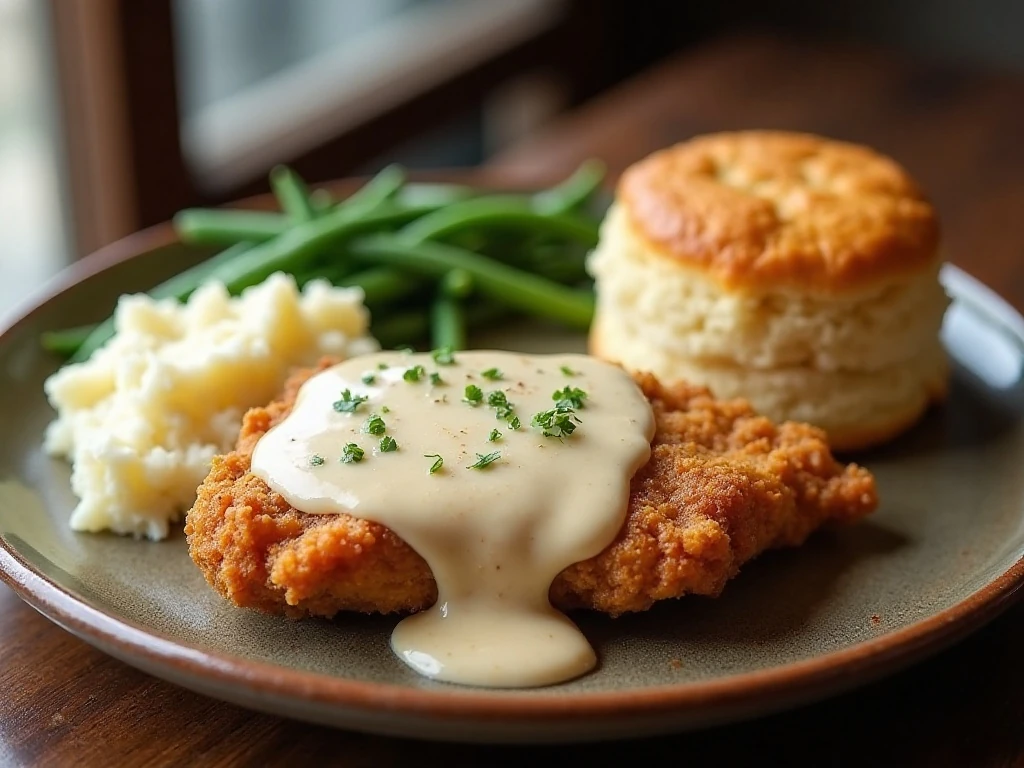 Chicken fried steak with cream gravy, mashed potatoes, and green beans