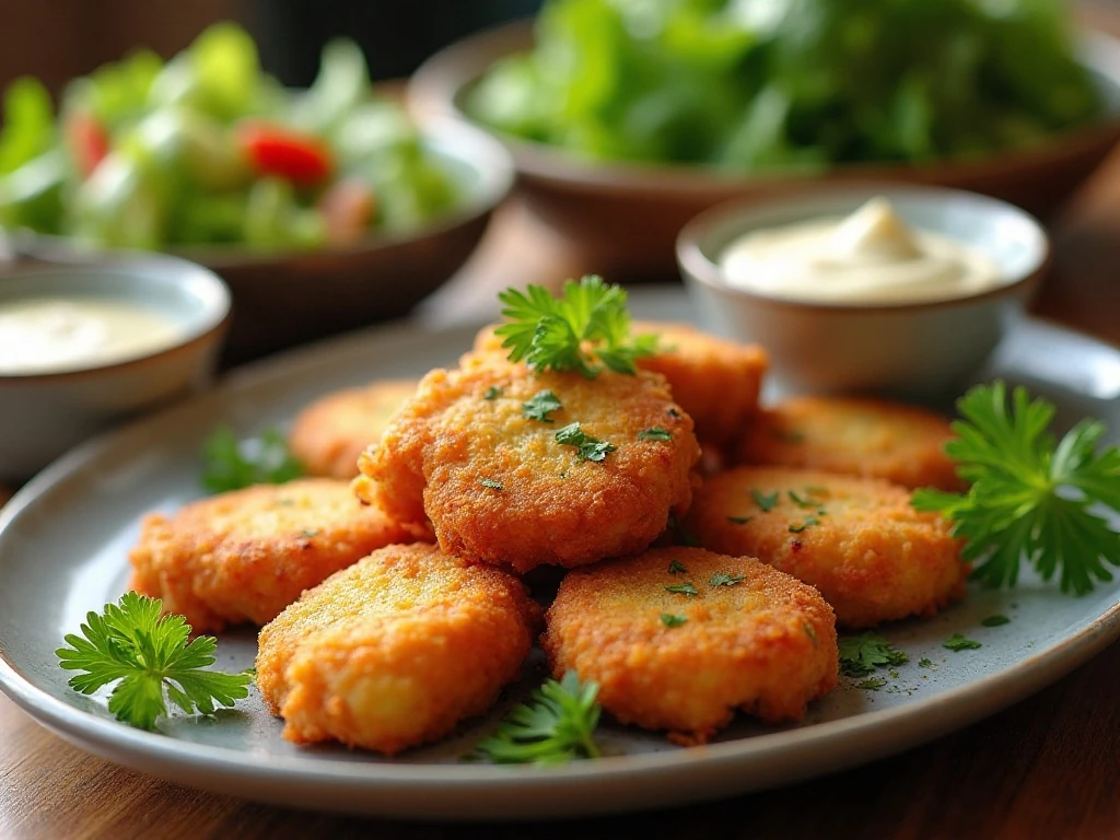 Golden crispy chicken fritters served with dipping sauces and salad