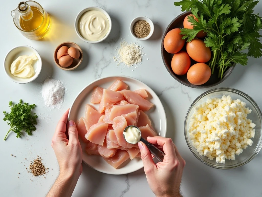 Ingredients for crispy chicken fritters arranged on a countertop