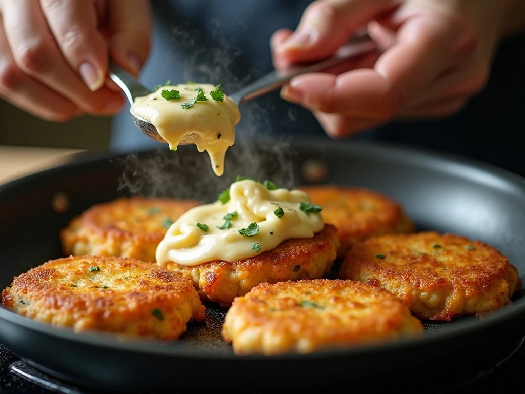 Portioning chicken fritter mixture into a skillet