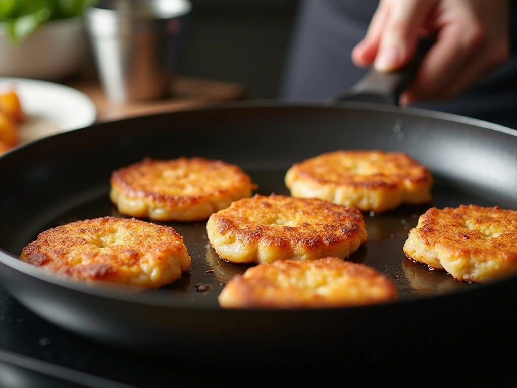 Chicken fritters browning evenly in a nonstick skillet